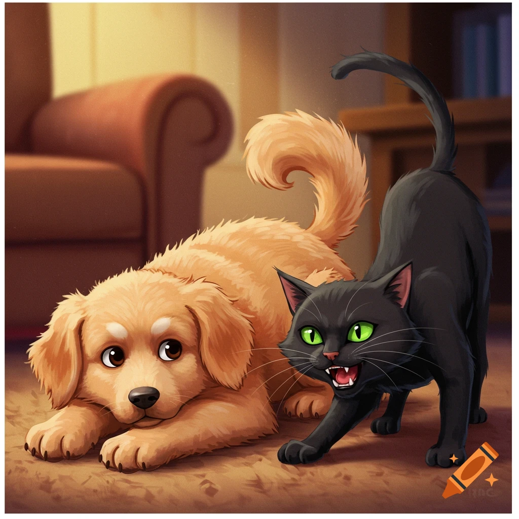 A cute golden retriever puppy is next to a black cat that is hissing.