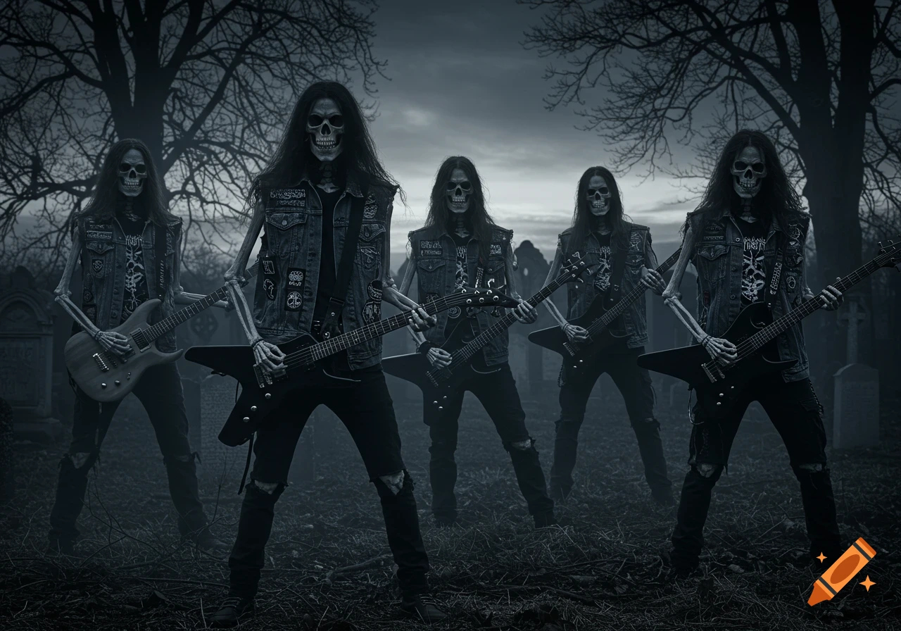 Group of skeletons with long hair and denim vests playing electric guitars in a foggy graveyard.