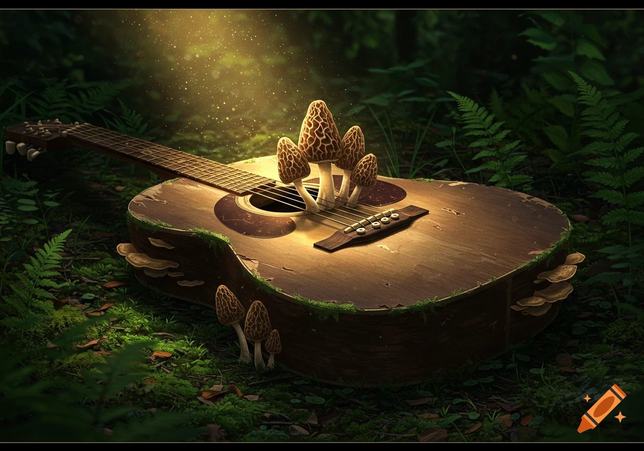 An acoustic guitar rests on a forest floor, with morel mushrooms growing on its surface. A sunbeam illuminates the scene.