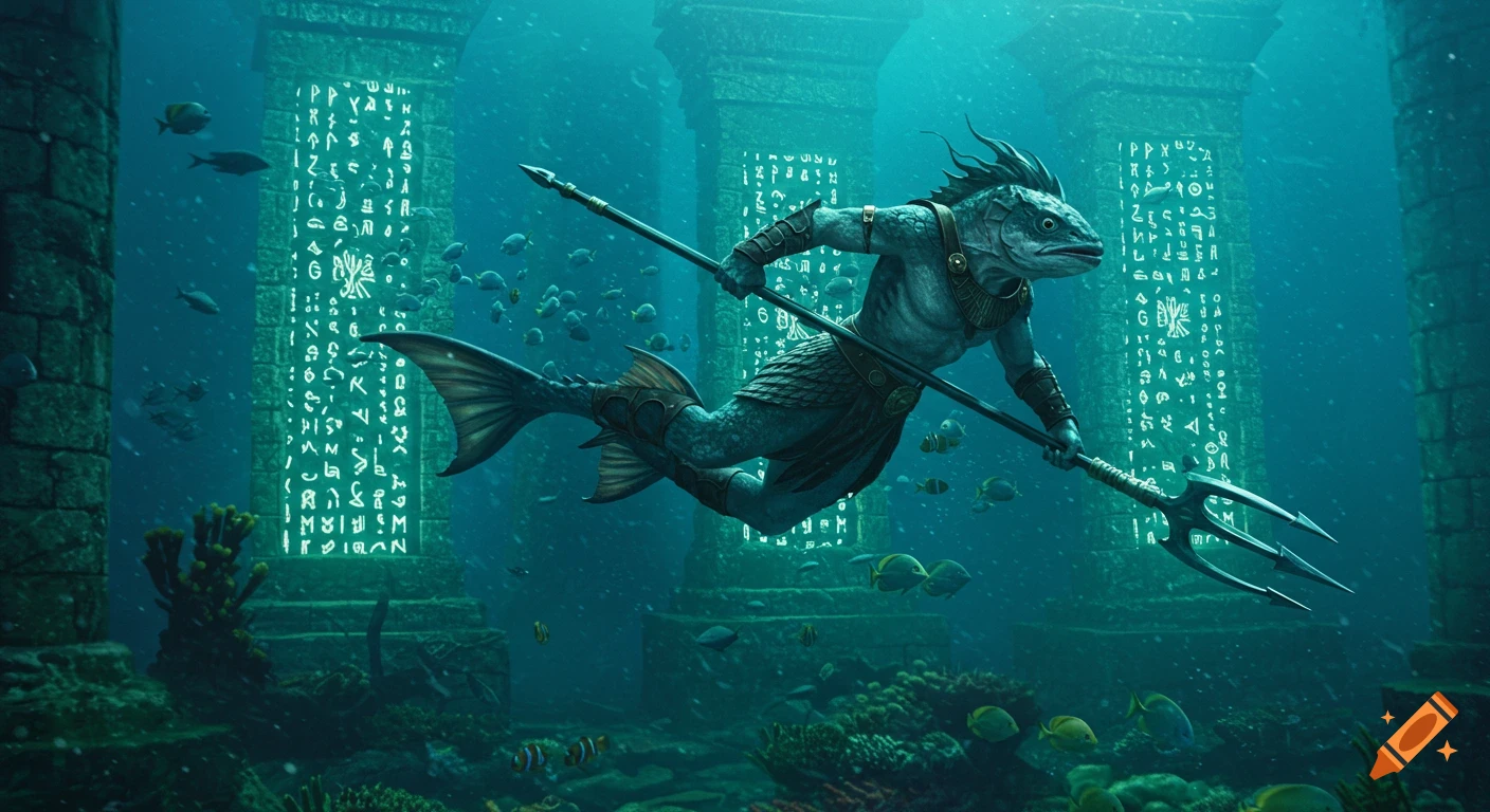 Humanoid fish warrior with trident swims through ancient underwater temple ruins with glowing runes