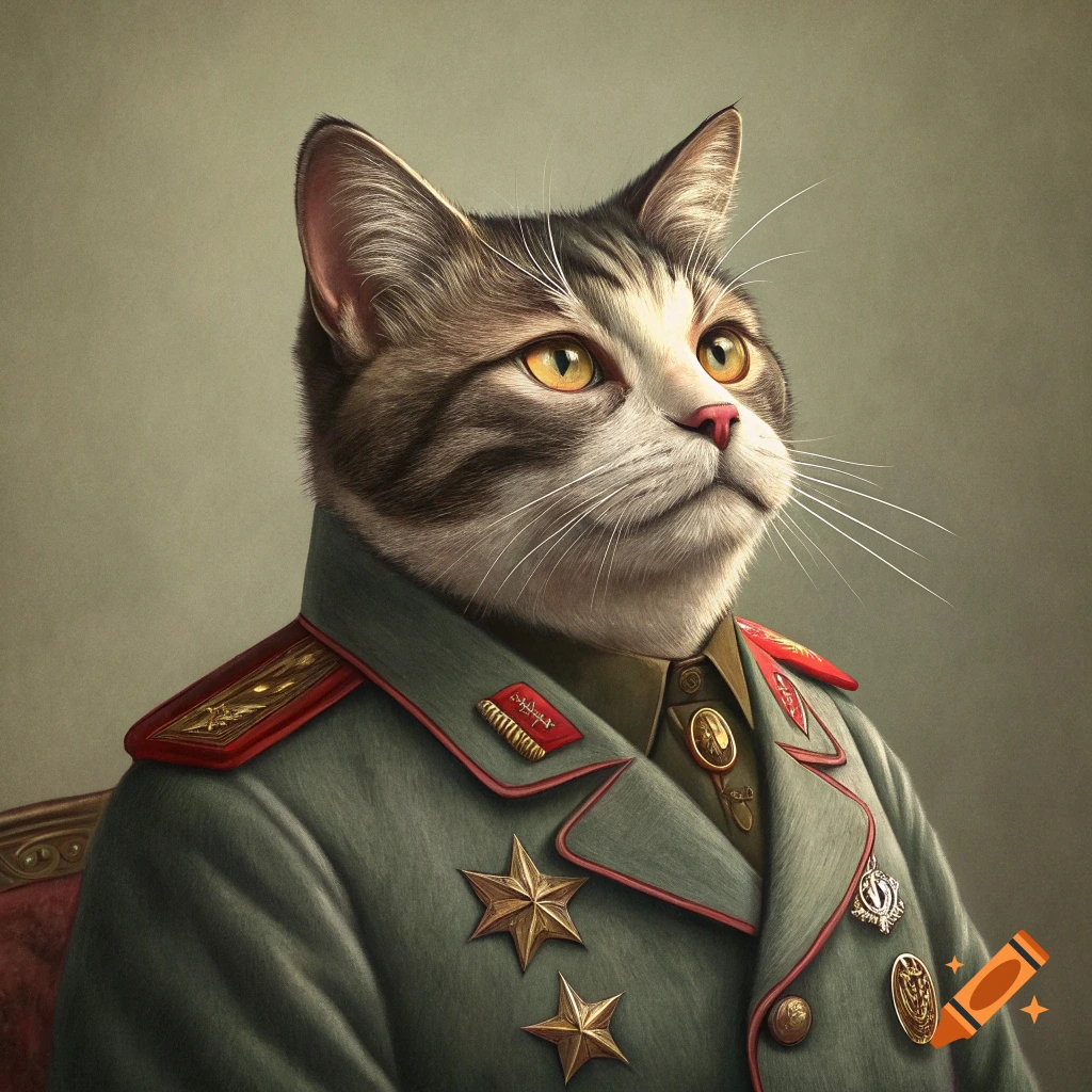 Portrait of a tabby cat in a military general's uniform.
