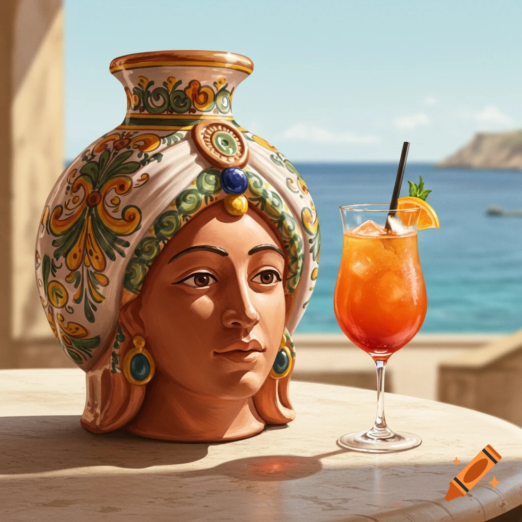 A ceramic Sicilian Moorish head vase sits on a table next to an orange cocktail overlooking the sea.