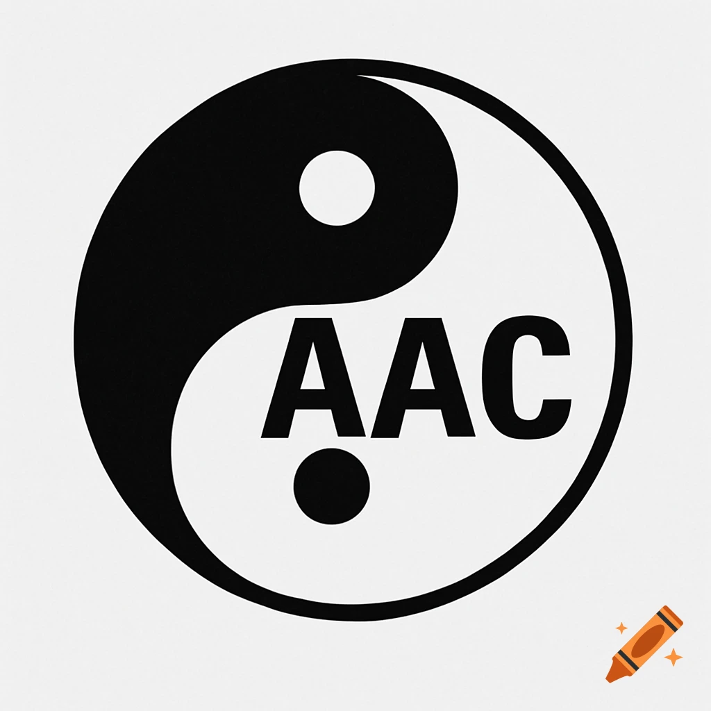 A black and white Yin Yang symbol with the text AAC and a black dot inside the white area.