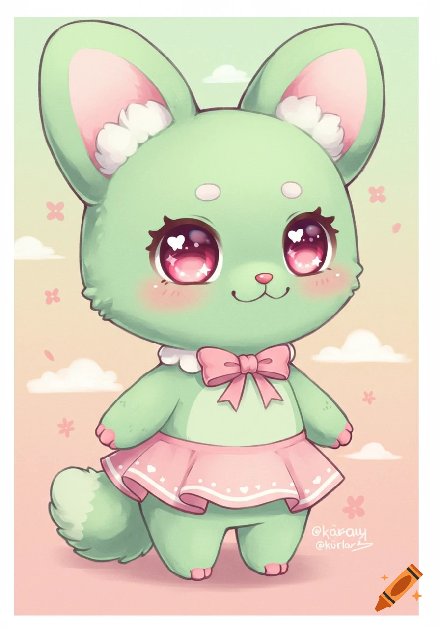 A cute green animal character in a pink dress with a bow, anime illustration style