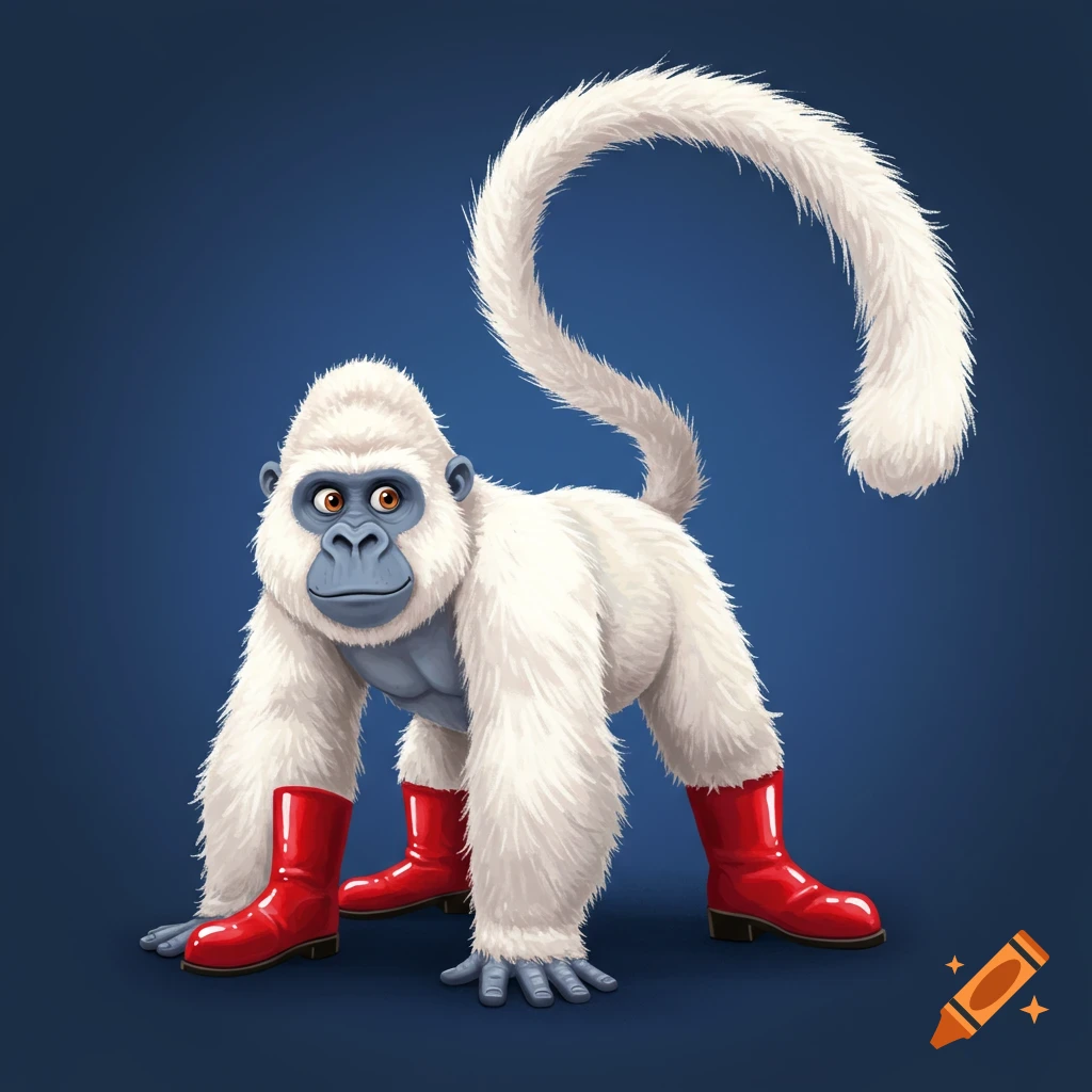 Cartoon illustration of a white gorilla with a long tail wearing red boots.