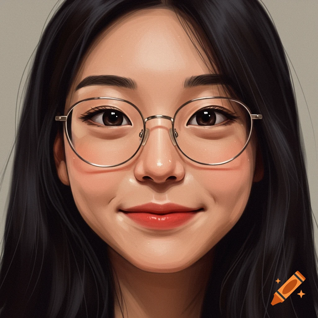 An Asian female face smiling with glasses.