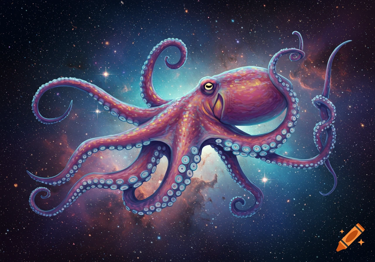 A colorful octopus floats in a starry space with nebulae.