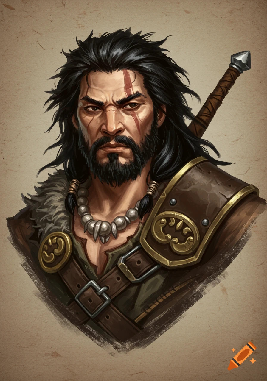 Fantasy portrait of a barbarian man with long hair, beard, scars, and armor.
