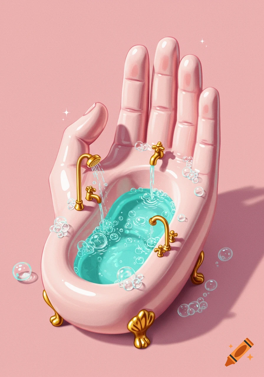 A stylized hand shaped like a bathtub with gold faucets, water, and bubbles on a pink background.
