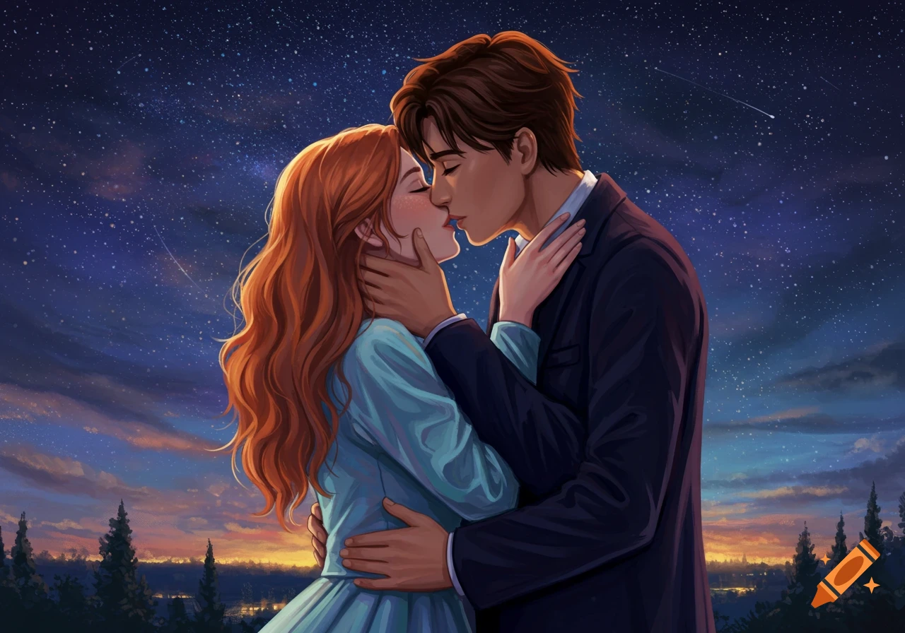 A romantic couple kissing under a starry night sky.