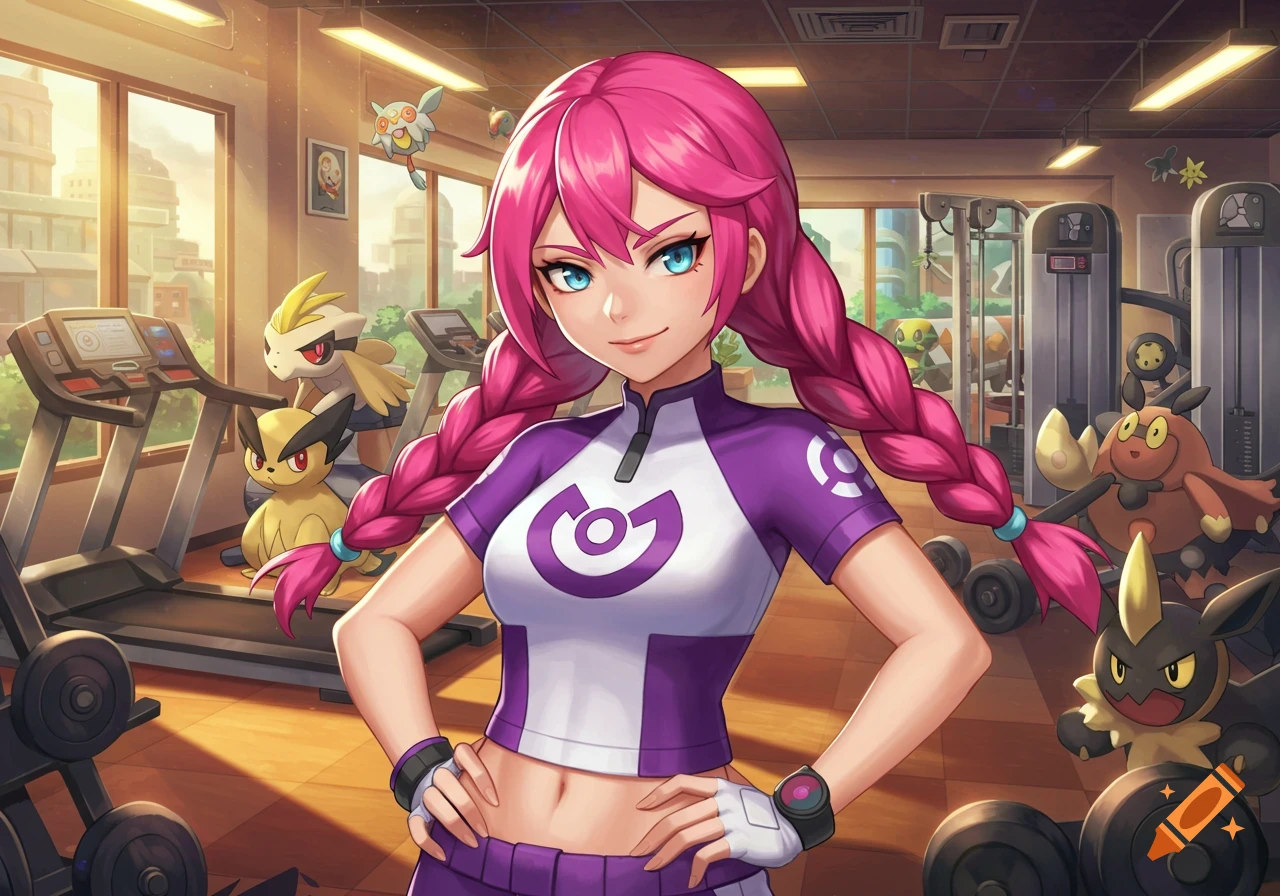Anime woman with pink hair in a gym surrounded by Pokemon