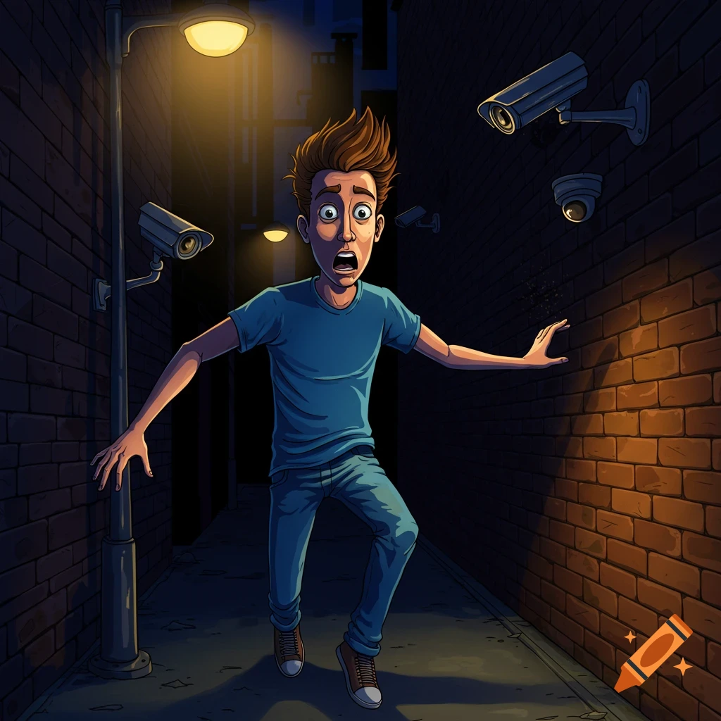 Illustrated man in an alley scared of security cameras under a street light.