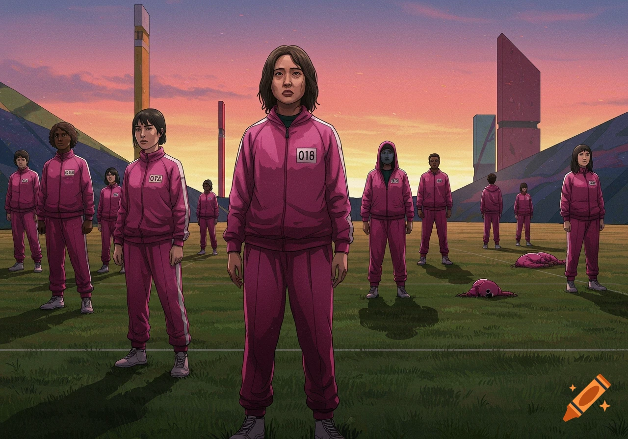 People in pink tracksuits stand on a field, like in Squid Game.