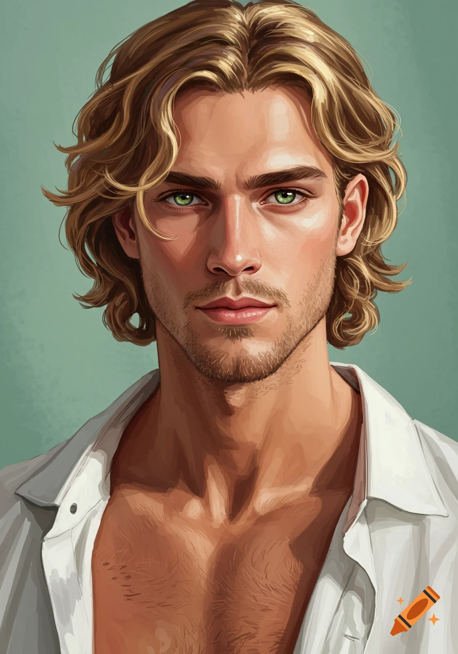 A man with blonde wavy hair and green eyes.