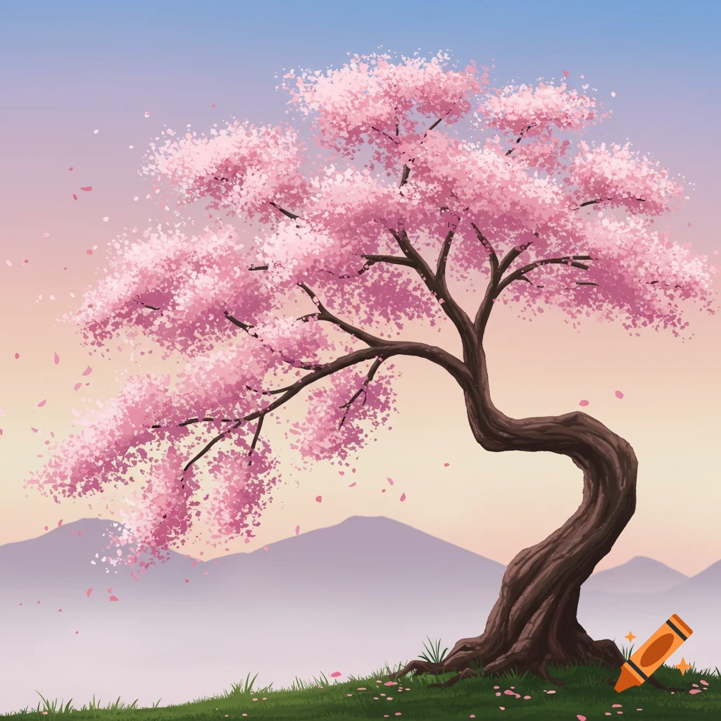 A bending cherry blossom tree with pink blossoms and falling petals on a grassy hill against a twilight sky and mountains.