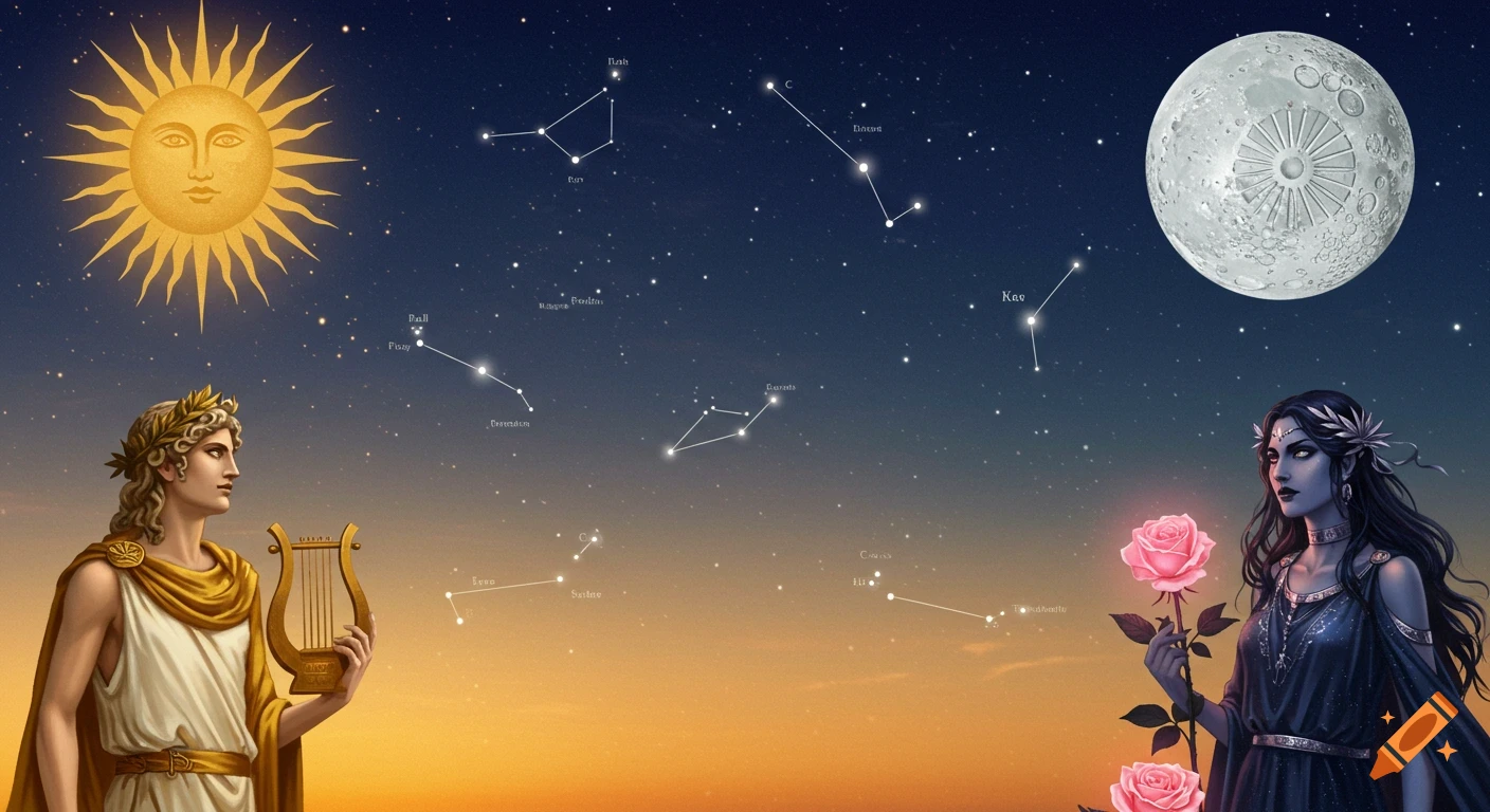 Apollo and Hecate under twilight sky with sun, moon, constellations, and roses.