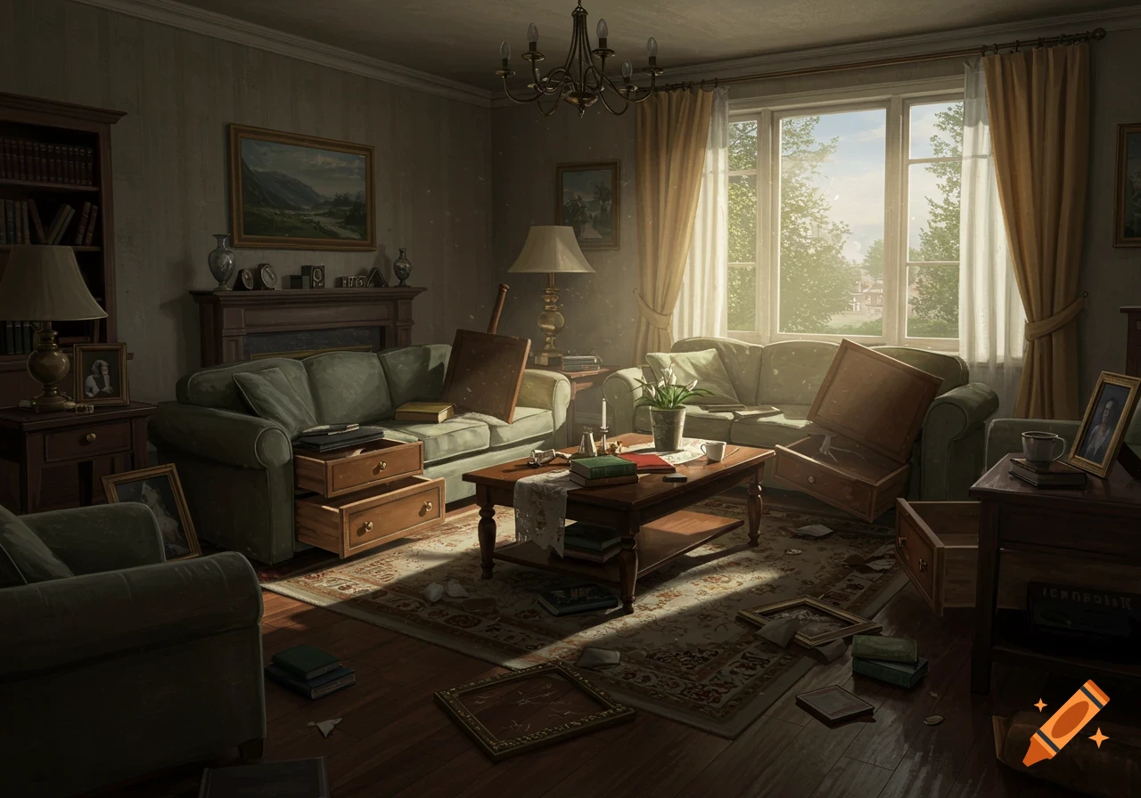 Realistic depiction of a messy, ransacked living room.