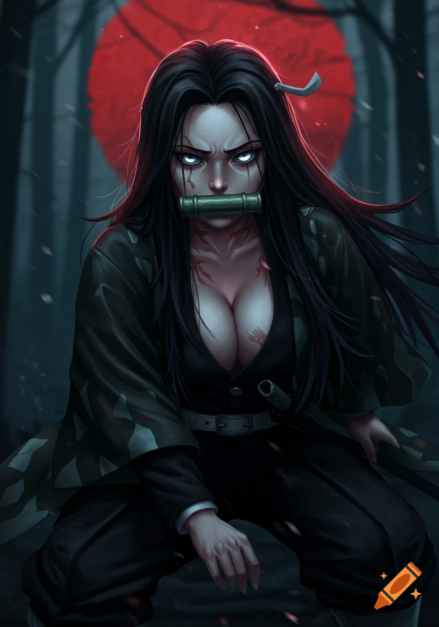 Anime character with long black hair, bamboo gag, glowy eyes, and a kimono in a dark forest with a red moon.