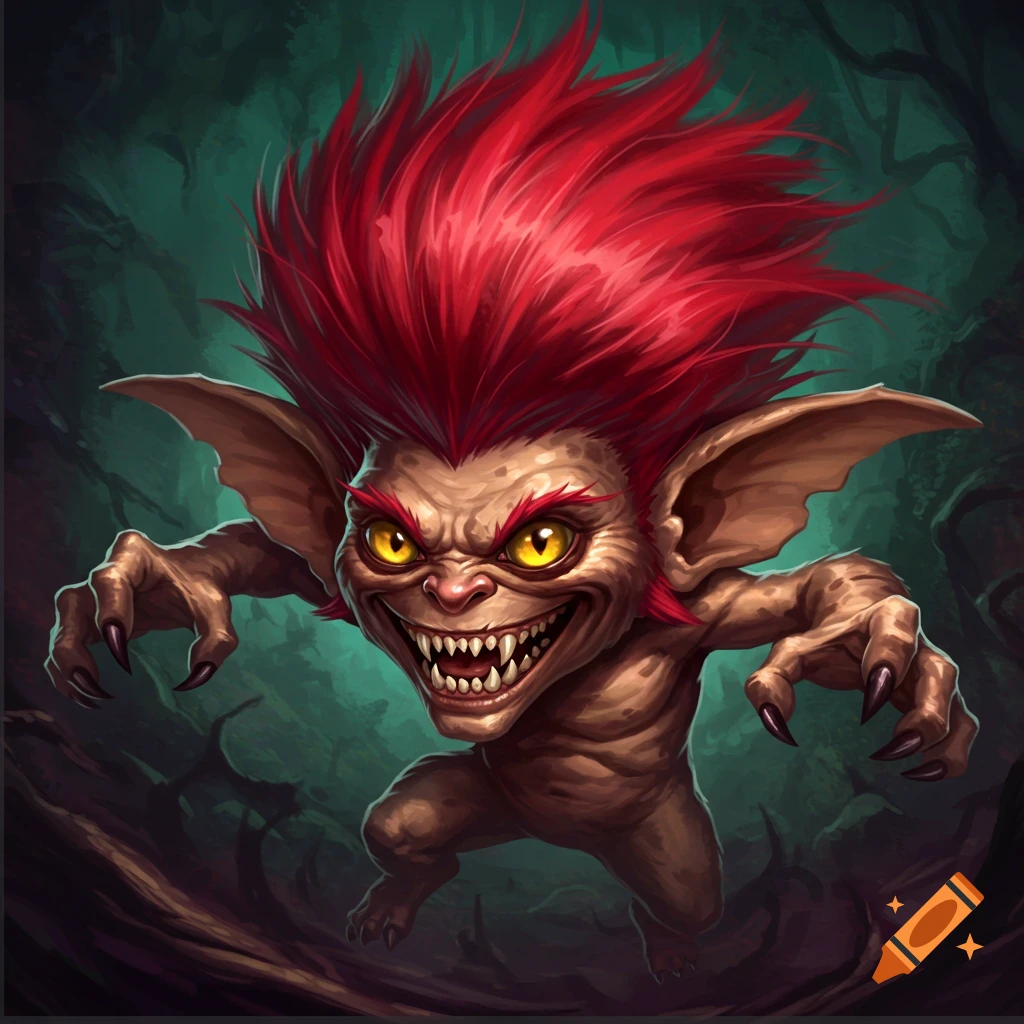 A scary gremlin with spiky red hair and yellow eyes in a dark forest.