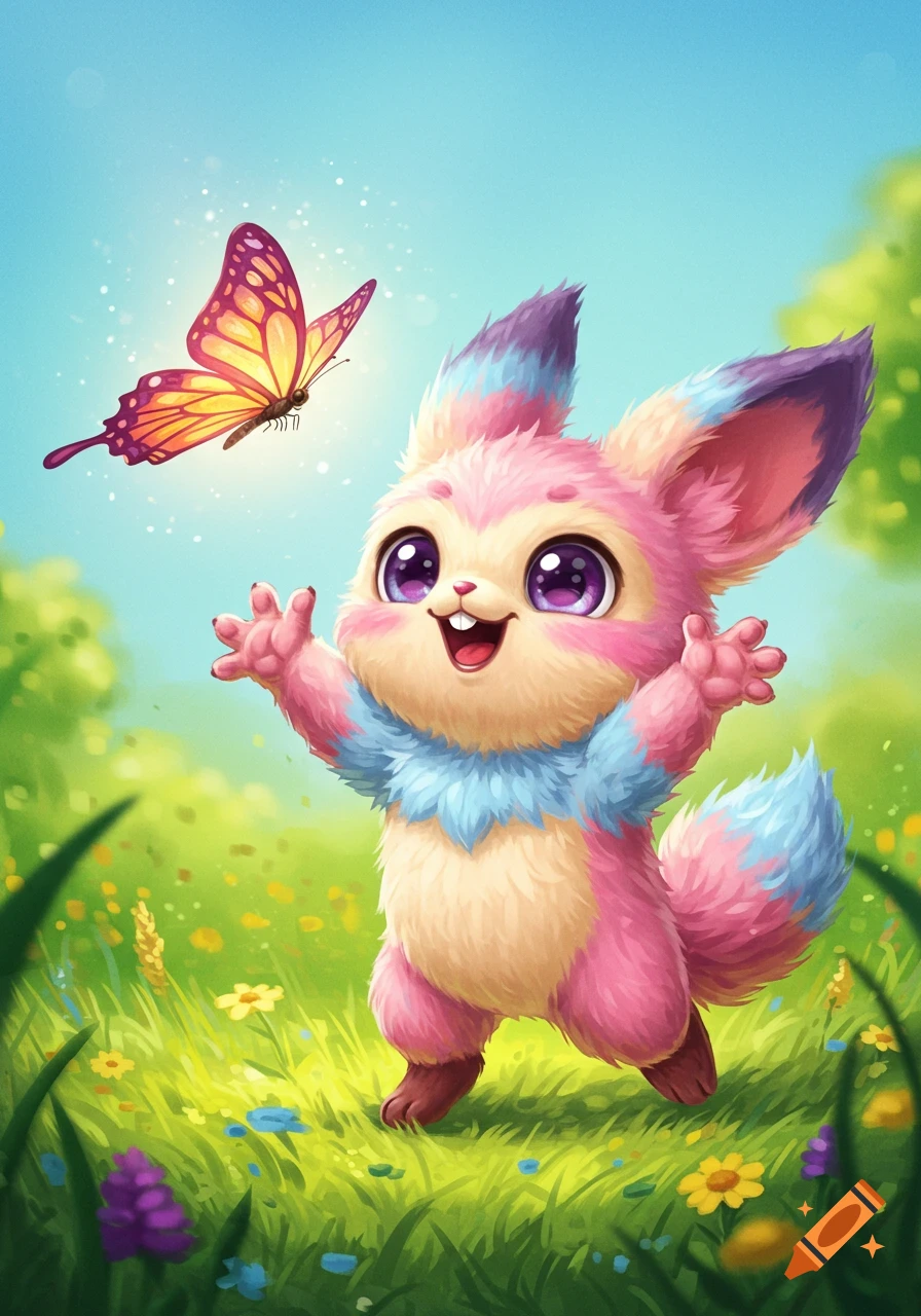 A cute fluffy pink and blue creature reaches for a butterfly in a field.