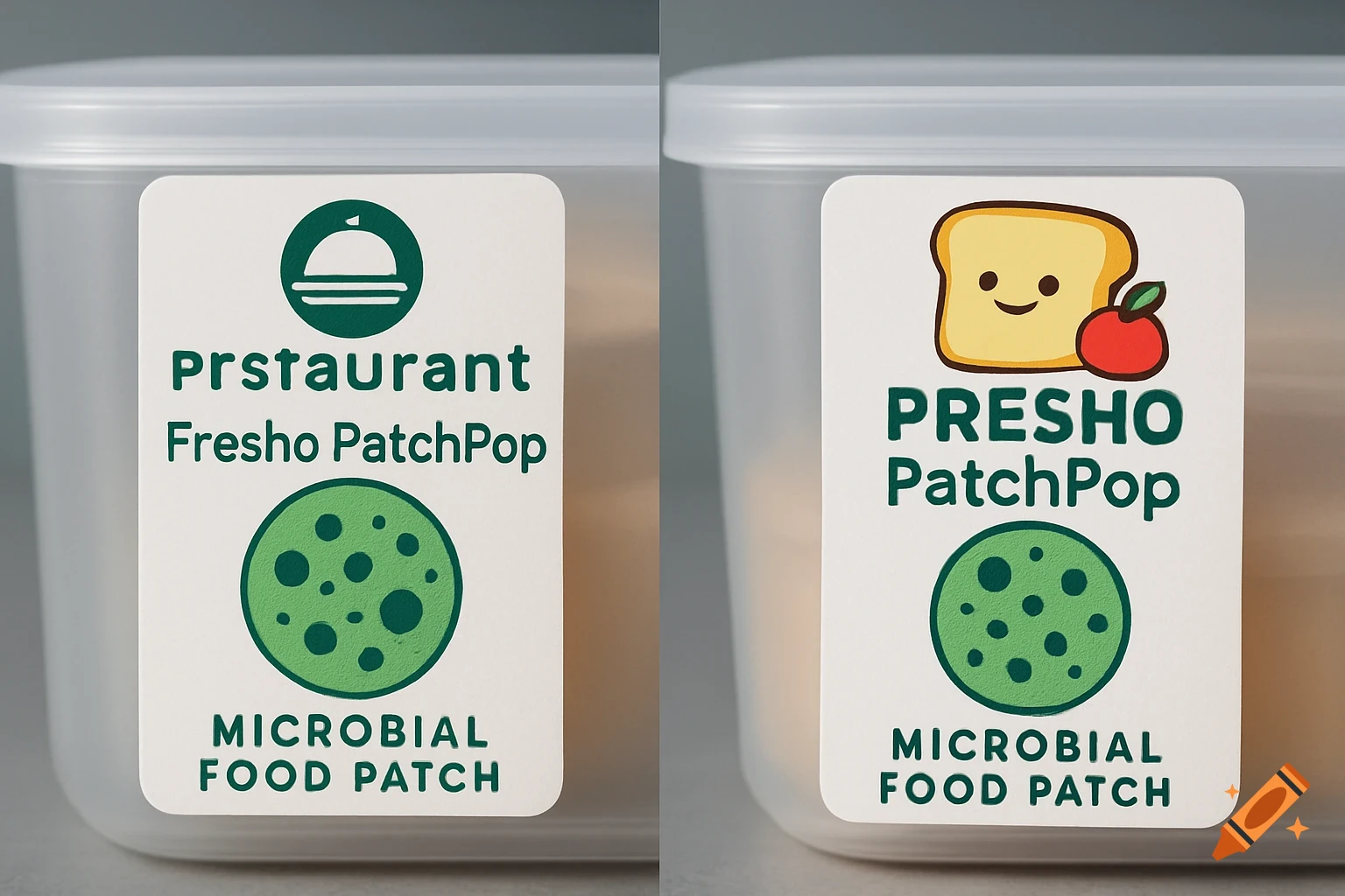 Two close-up views of labels on clear food containers. The left label has a cloche icon and text. The right has a toast and apple icon and text.