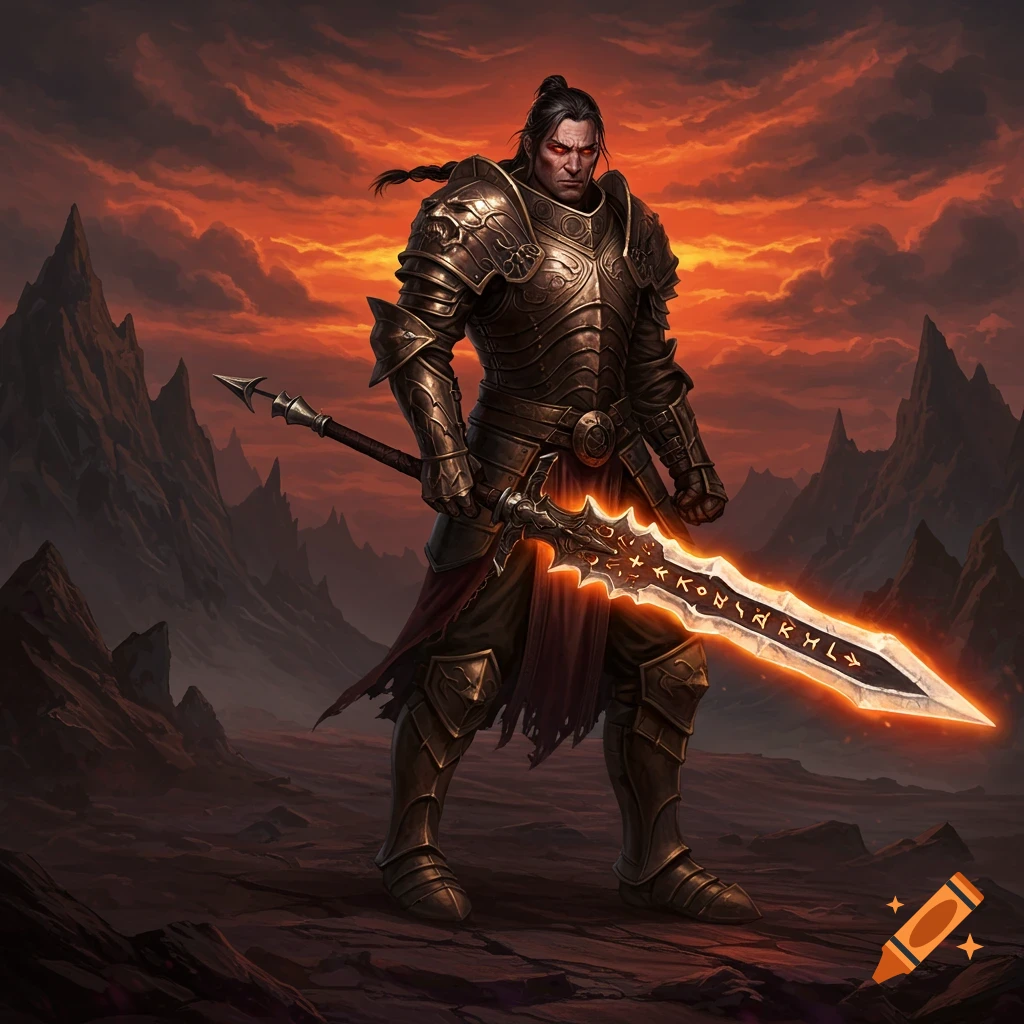 Fantasy warrior in golden armor with glowing runic sword stands in a desolate landscape at sunset.