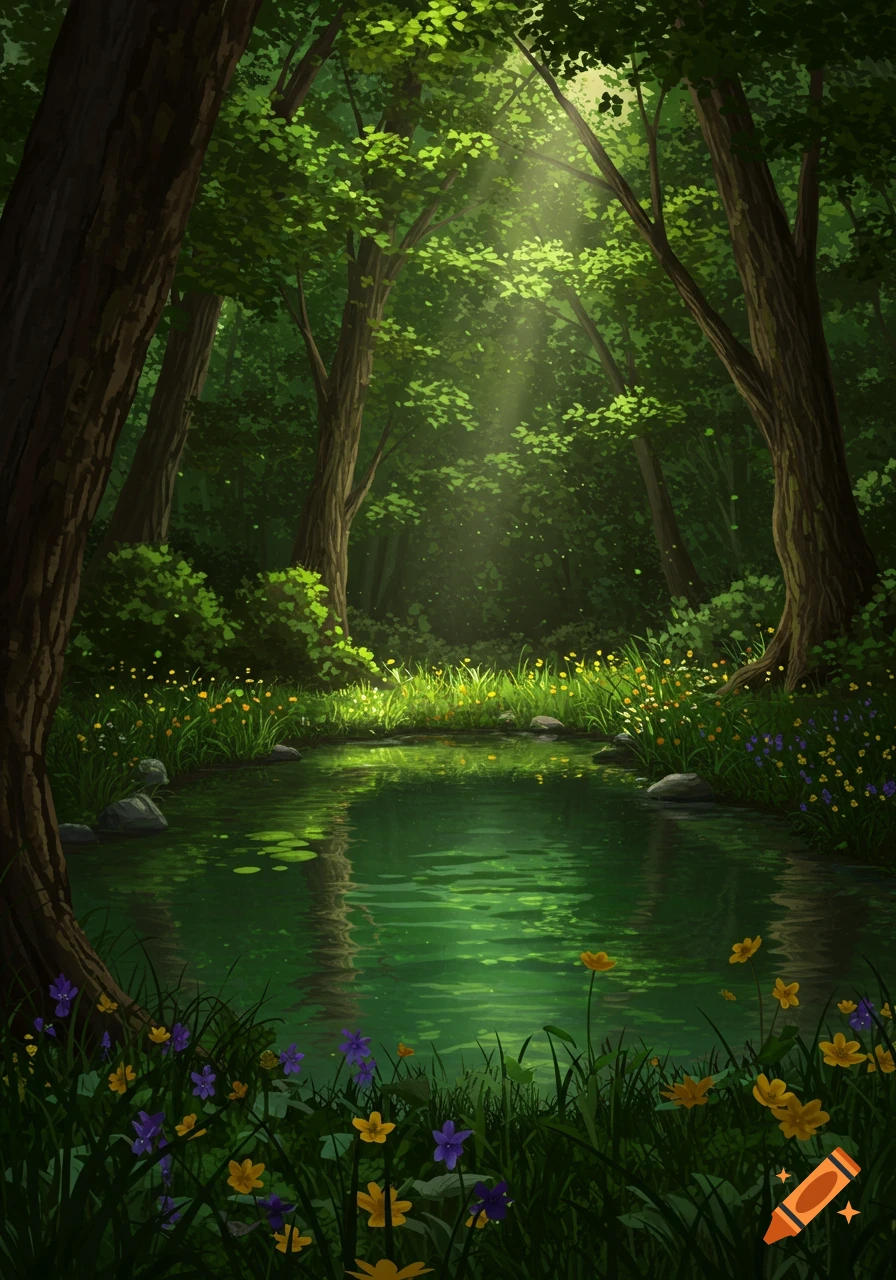 A hidden pond in a sunlit forest clearing.