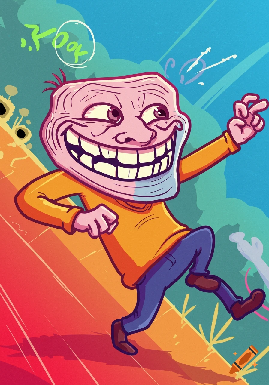 Cartoon Trollface character running and making a peace sign.
