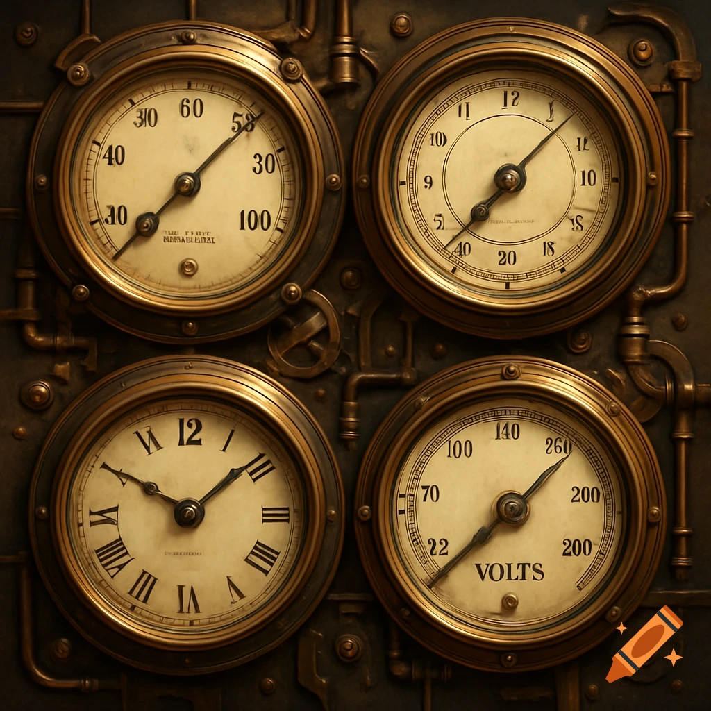 Four detailed steampunk-style gauges or dials on a dark background with pipes and gears.