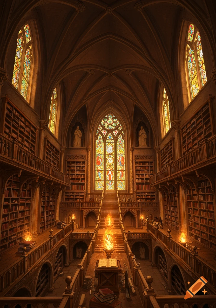 A grand gothic library with stairs, stained glass windows, bookshelves, and torches.