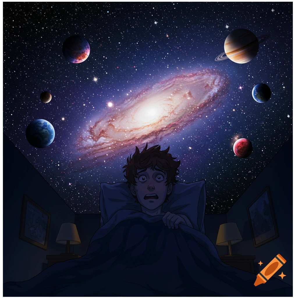 An illustration of a person in bed looking scared at a galaxy and planets projected above them.