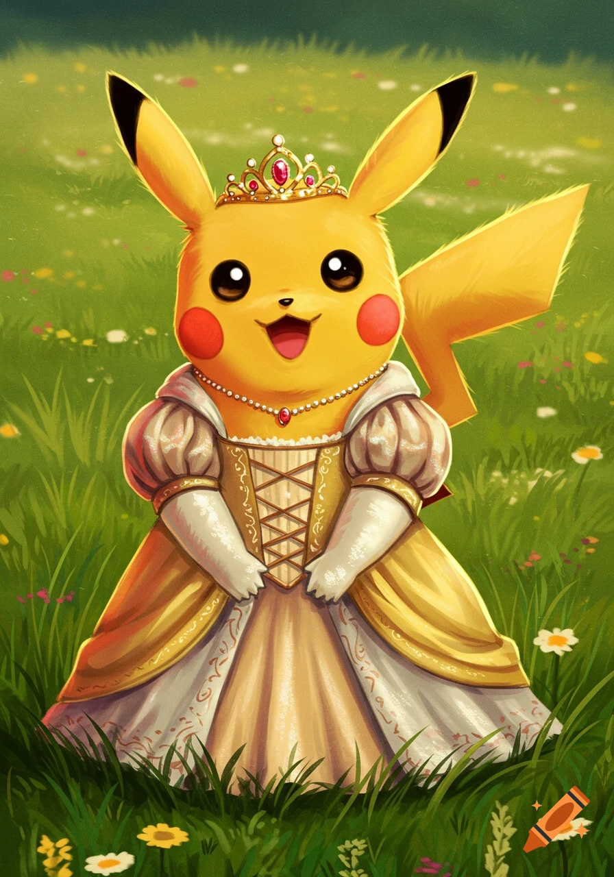 Pikachu as a princess in a field of grass and flowers