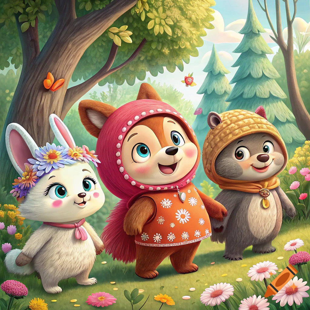 Cartoon rabbit, squirrel, and bear cub in a forest