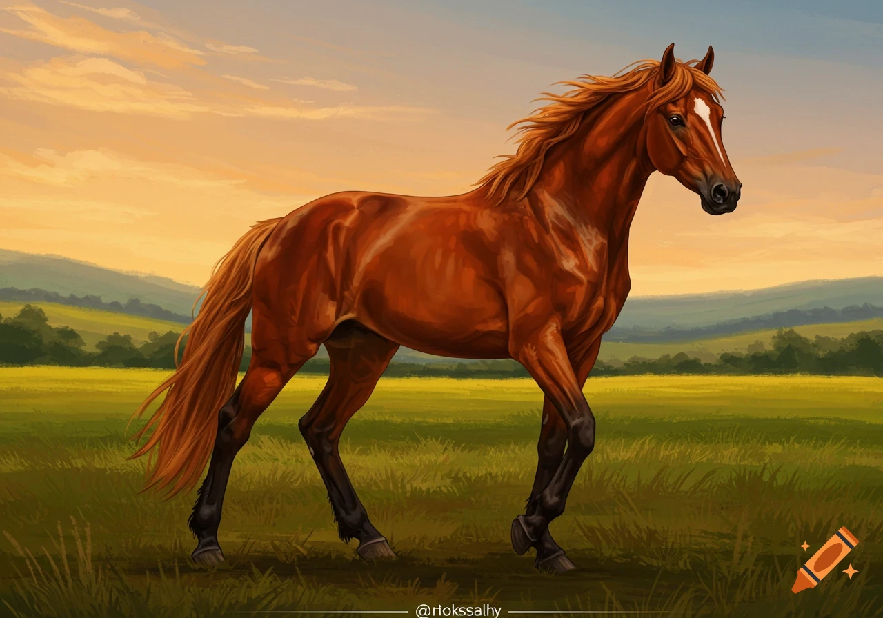 A brown horse stands in a grassy field at sunset.