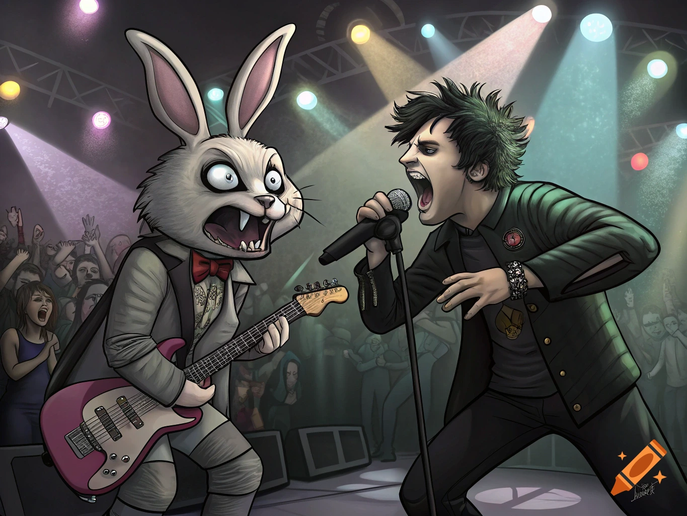 A cartoon bunny plays guitar next to a human singer on stage at a concert.