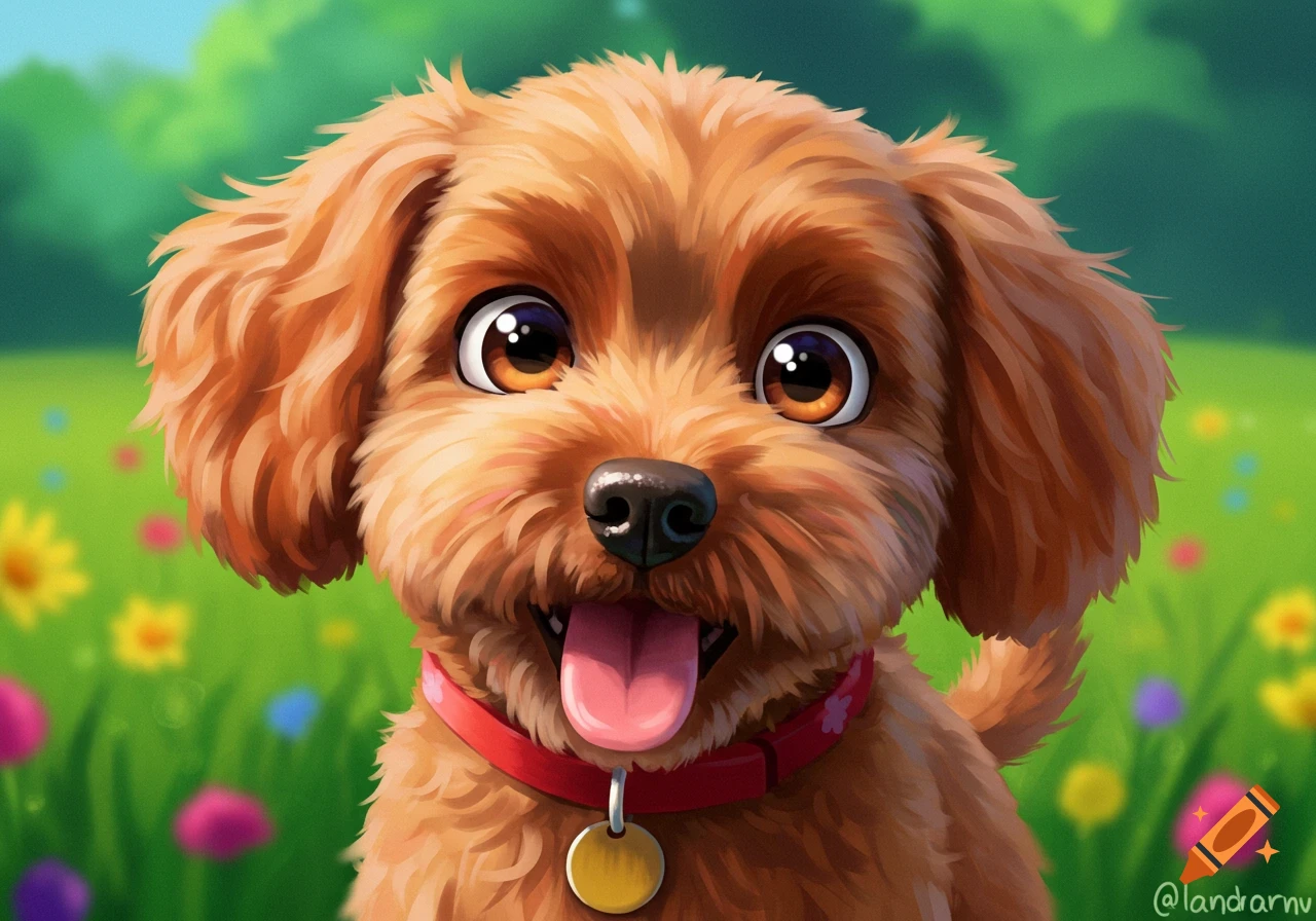Cartoon illustration of a cute brown dog in a field