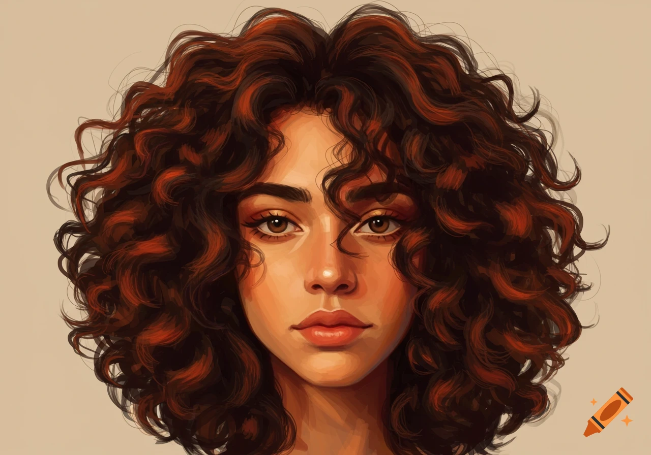 A close-up portrait of a woman with dark, voluminous curly hair in a wolf cut style.