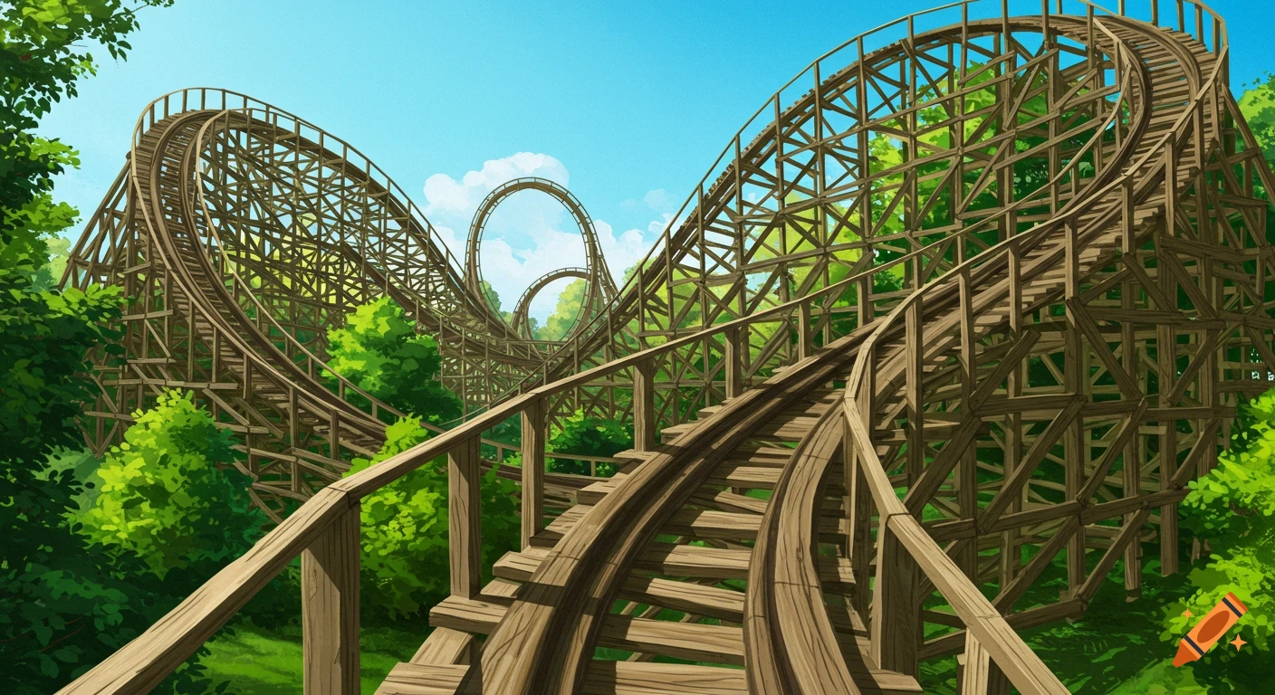 A wooden roller coaster with loops and hills winding through a forest.