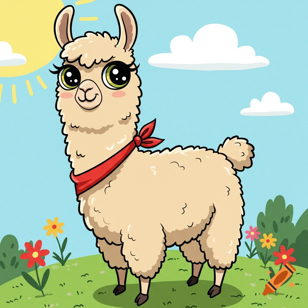 A cute cartoon llama wearing a red bandana in a field with flowers and the sun.