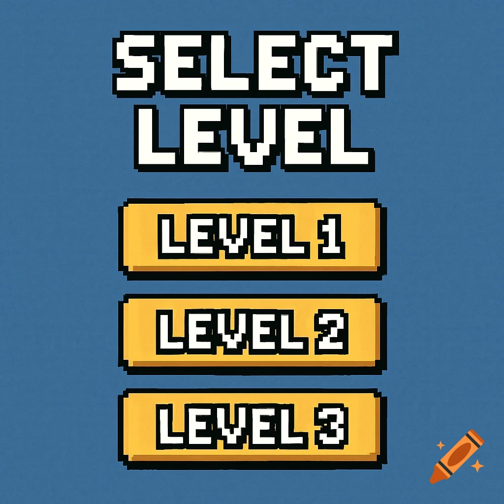 Pixel art interface showing a level selection screen with buttons for Level 1, Level 2, and Level 3.