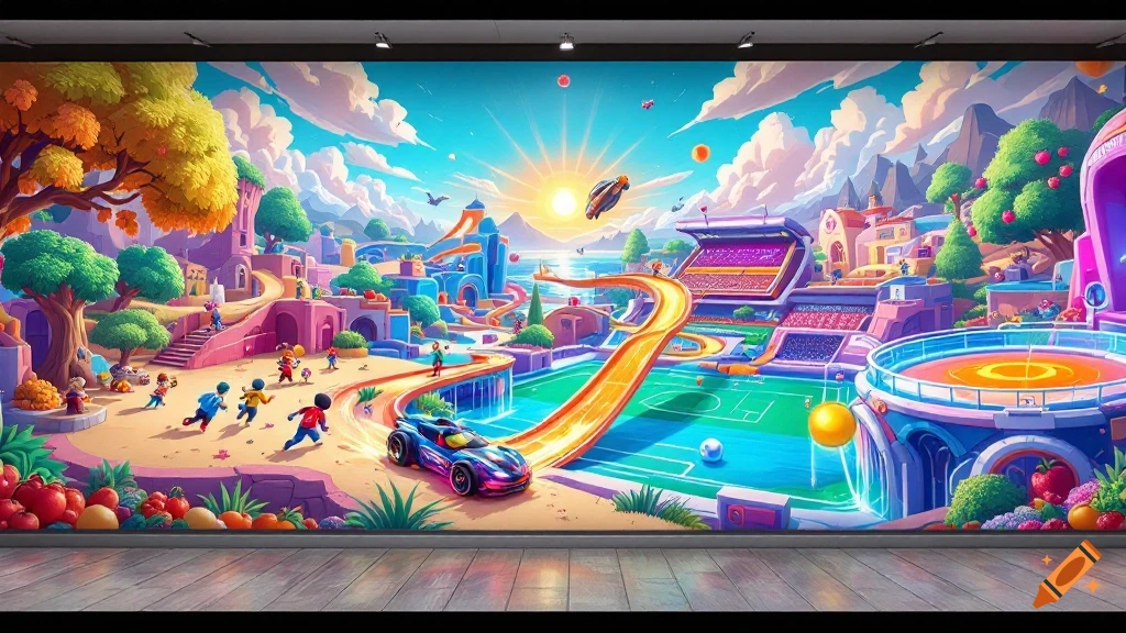 Colorful cartoon mural of a futuristic sports landscape with children playing and a car on a track.