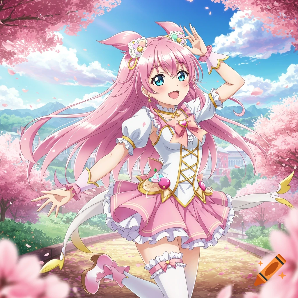 Anime girl with pink hair in a pink dress smiles in a park with cherry blossoms.