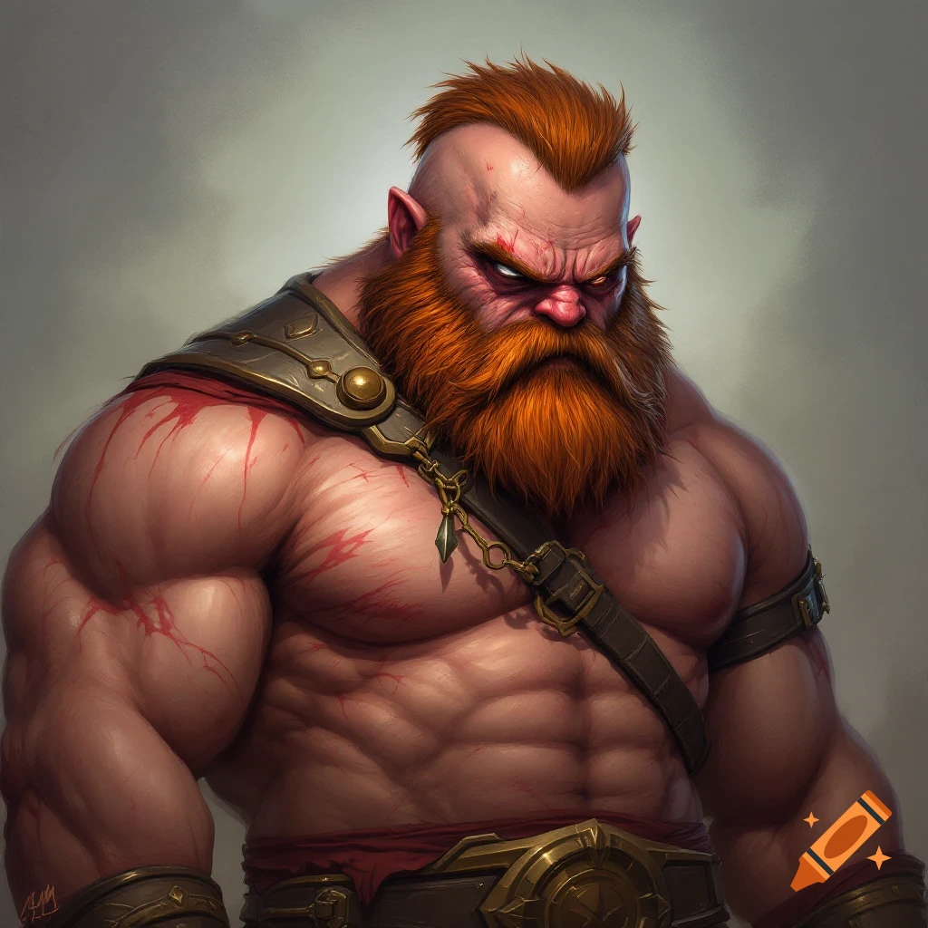Image of an angry, muscular, red-bearded warrior with a mohawk wearing armor.