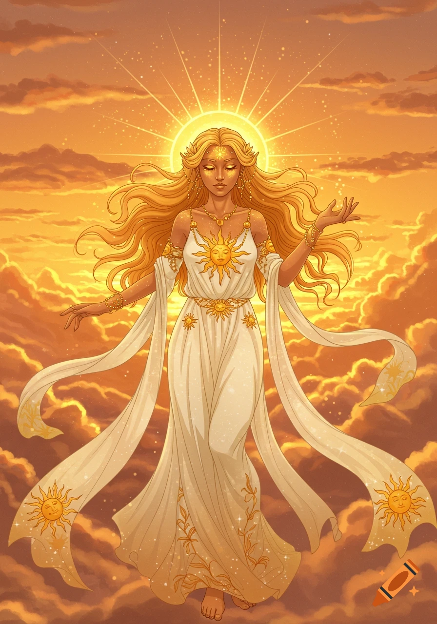 Sun goddess floating among clouds at sunset
