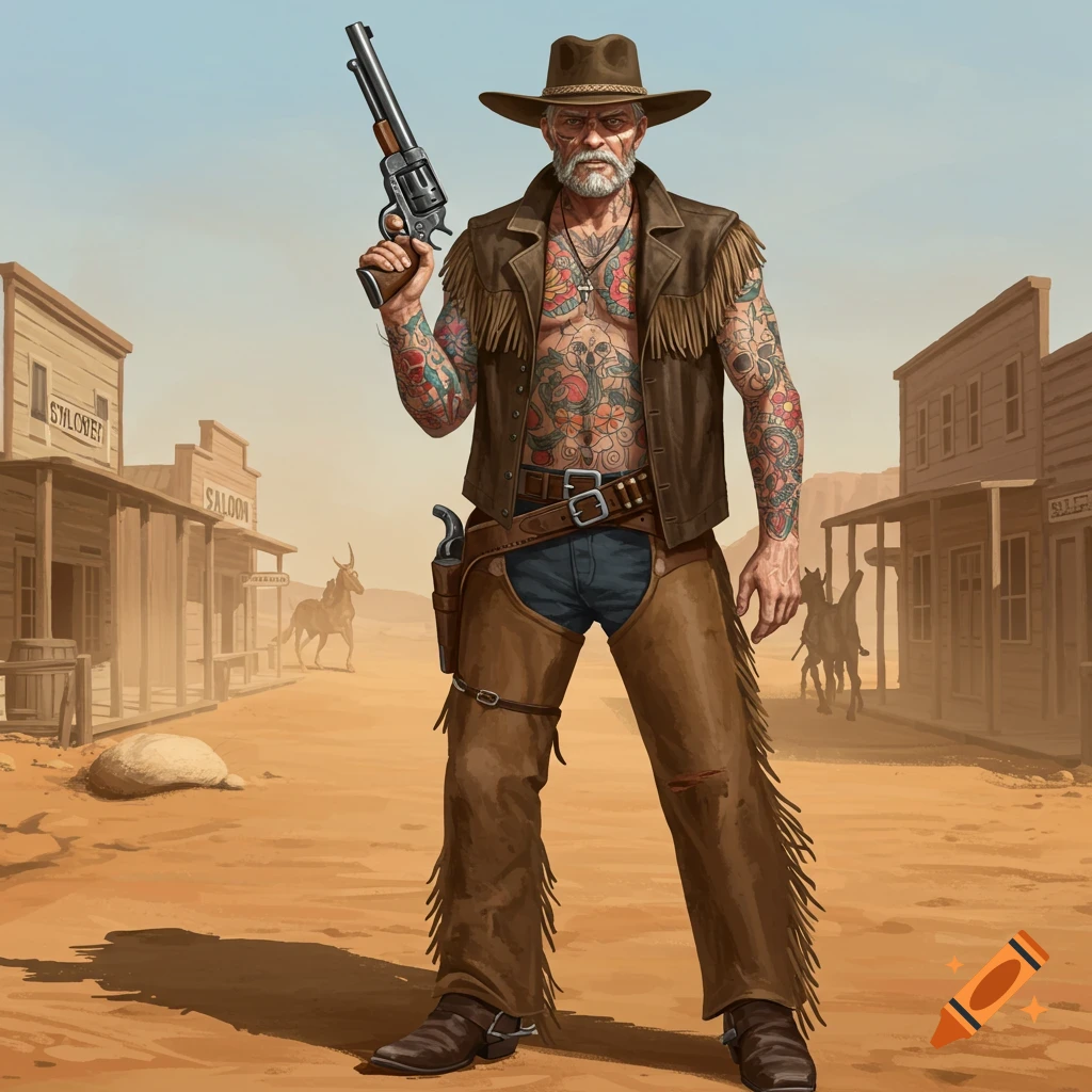A tattooed cowboy holds a gun in an Old West town street.