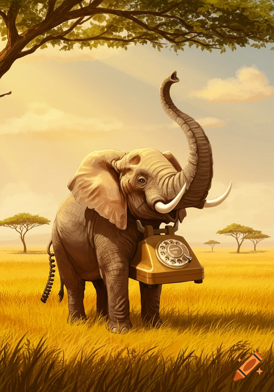 An elephant with a rotary telephone body stands in a savanna landscape.