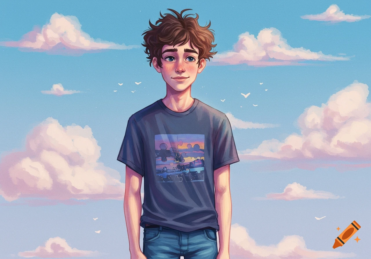 A young person with curly hair stands against a bright blue sky with puffy pink clouds, in a digital illustration style.