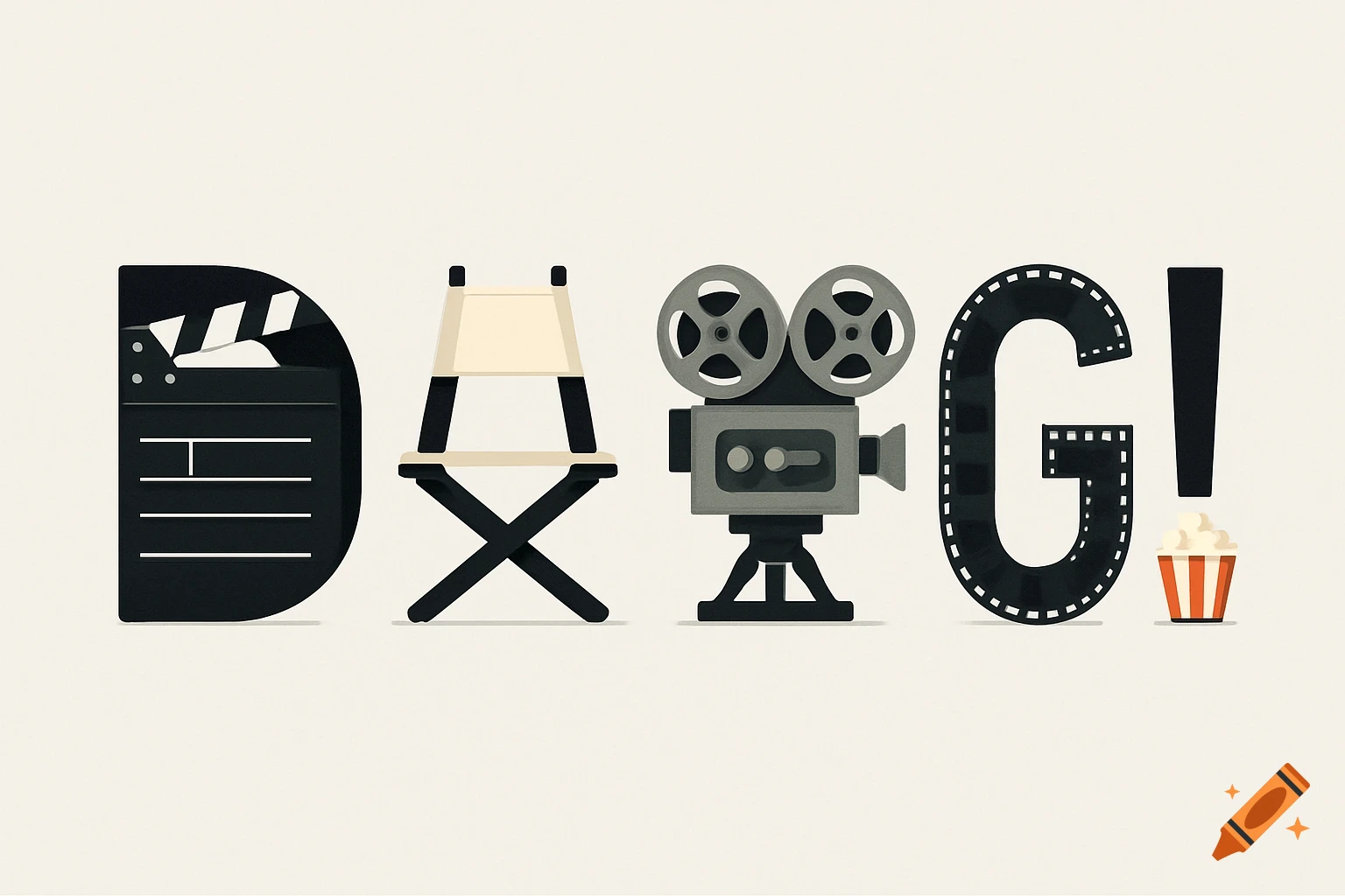 The word DANG! spelled out by film-related objects like a clapperboard, chair, camera, film reel, and popcorn bucket in a clean, modern illustration style.