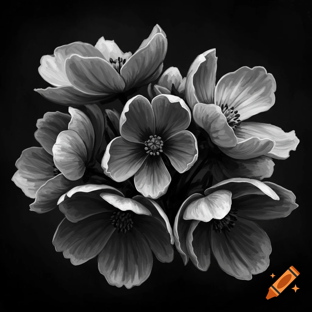 Black and white image of a bouquet of flowers.