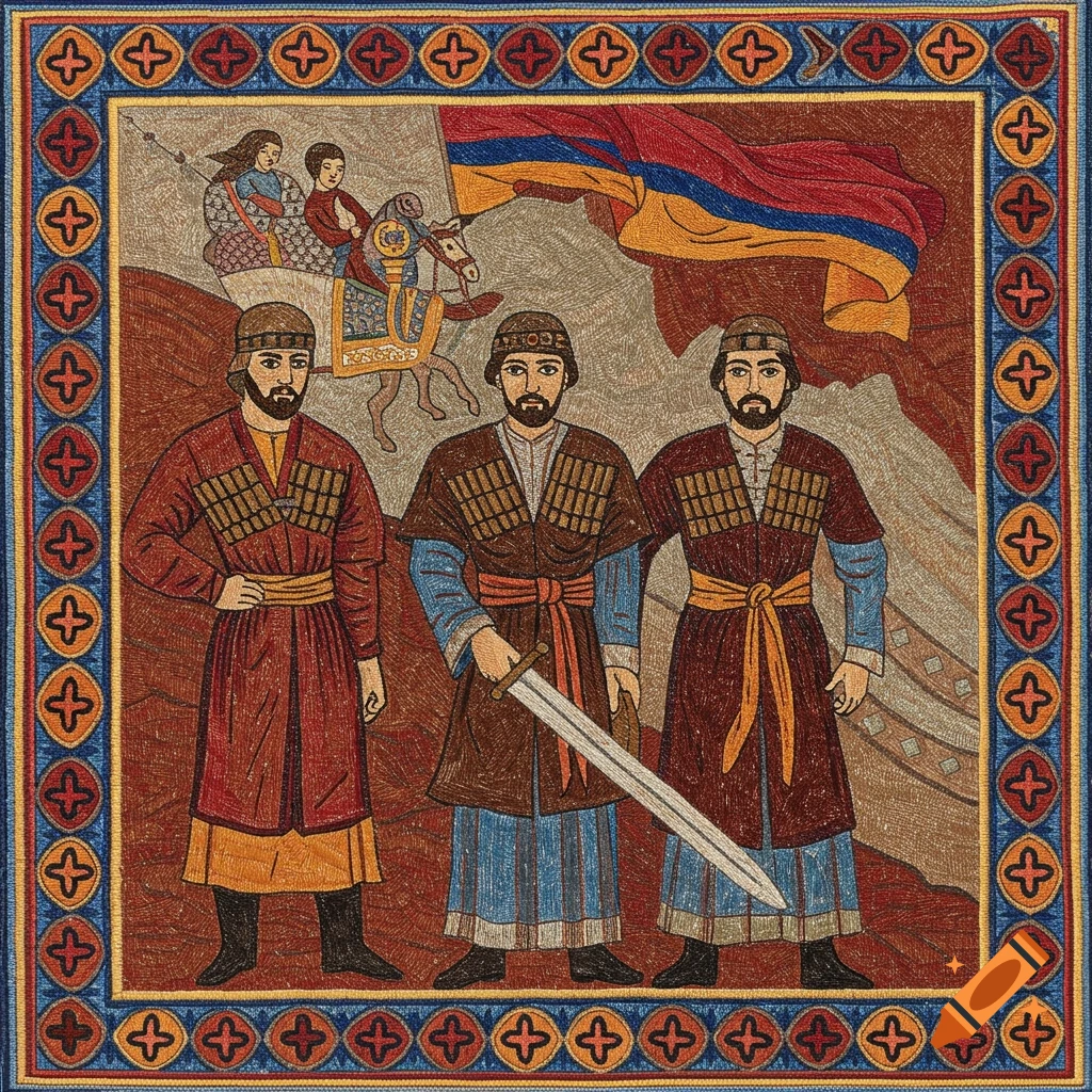 Three men in historical clothing with a sword and flag, and riders on a horse in the background, in an embroidery style.